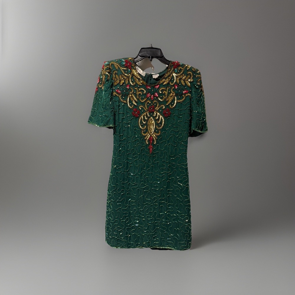 Vintage Scala Emerald Green Beaded Sequin‎ Silk Dress Size PS Holiday Festive